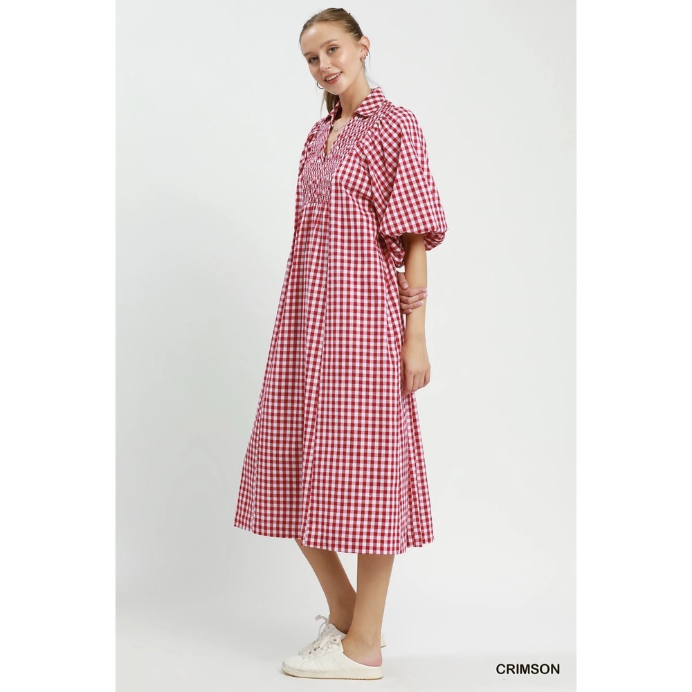 Umgee Puff Sleeve Plaid Midi Dress - Crimson - Small - Picture 2 of 5